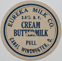 Vintage milk bottle cap EUREKA MILK CO Cream Buttermilk Canal Winchester Ohio