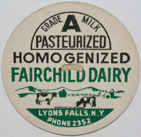 Vintage milk bottle cap FAIRCHILD DAIRY farm scene with cows Lyons Falls New York