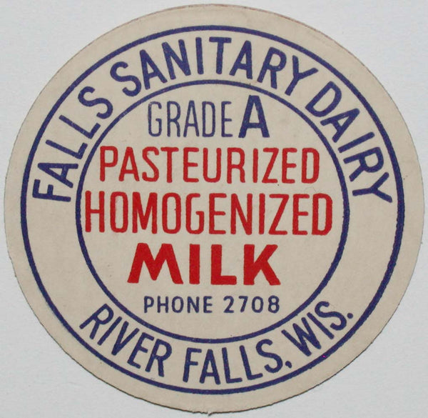 Vintage milk bottle cap FALLS SANITARY DAIRY Phone 2708 River Falls Wisconsin