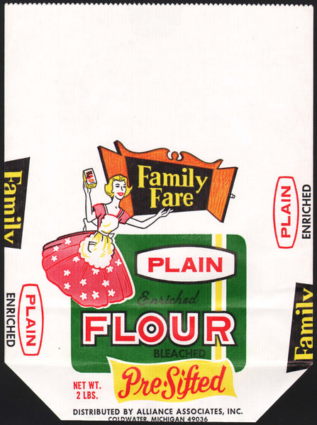 Vintage bag FAMILY FARE Plain Flour woman pictured Alliance Coldwater Michigan n-mint