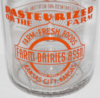 Vintage milk bottle FARM DAIRIES ASSN 1945 TRPQ pyro quart Kansas City Kansas