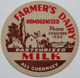 Vintage milk bottle cap FARMERS DAIRY Phone Edmonds 1593 farm picture Washington