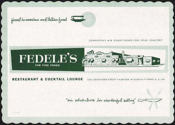 Vintage placemat FEDELES Restaurant Cocktail Lounge building Madison Wisconsin