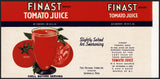 Vintage label FINAST Tomato Juice Somerville Mass unused new old stock n-mint