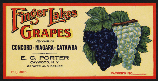 Vintage label FINGER LAKES Grapes E G Porter Caywood New York unused n-mint+
