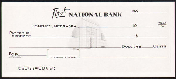 Vintage bank check FIRST NATIONAL BANK Kearney Nebraska entrance pictured n-mint+