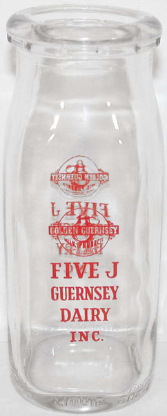 Vintage milk bottle FIVE J GUERNSEY DAIRY INC pyro half pint dated 1963 n-mint