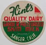 Vintage milk bottle cap FLINTS QUALITY DAIRY Skim Milk Phone 50 Sanger California