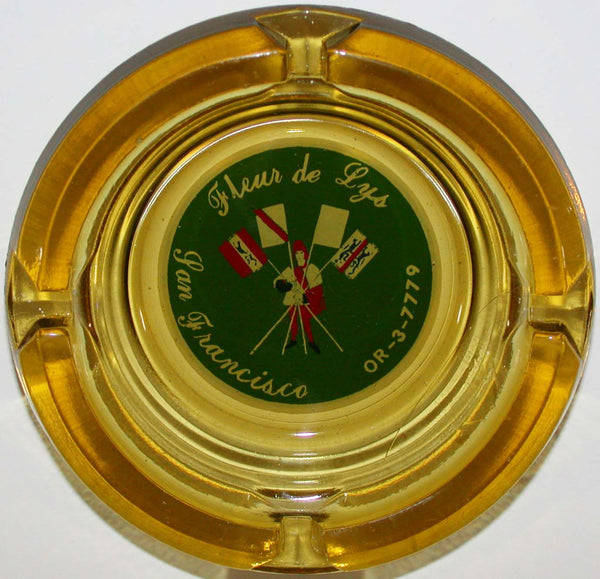 Vintage glass ashtray FLEUR DE LYS man with flags San Francisco California n-mint