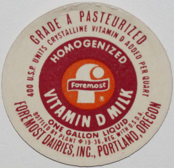 Vintage milk bottle cap FOREMOST Vitamin D Milk Foremost Dairies Portland Oregon