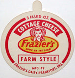 Vintage lid FRAZIERS COTTAGE CHEESE woman pictured Frankfort Indiana n-mint
