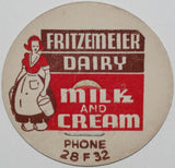 Vintage milk bottle cap FRITZEMEIER DAIRY milkmaid pictured Phone 28F32 unused