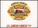 Vintage label GARCIA Y GARCIA cigar box inner building Tampa Florida embossed