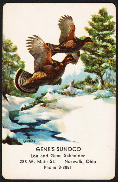 Vintage playing card GENE'S SUNOCO pheasants Sweney Gene Schneider Norwalk Ohio