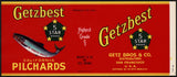 Vintage label GETZBEST California Pilchards fish pictured San Francisco n-mint+