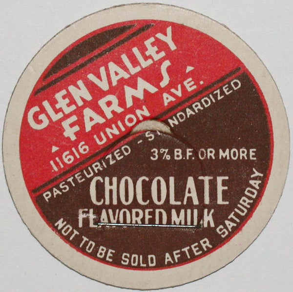 Vintage milk bottle cap GLEN VALLEY FARMS Chocolate for Saturday Cleveland Ohio