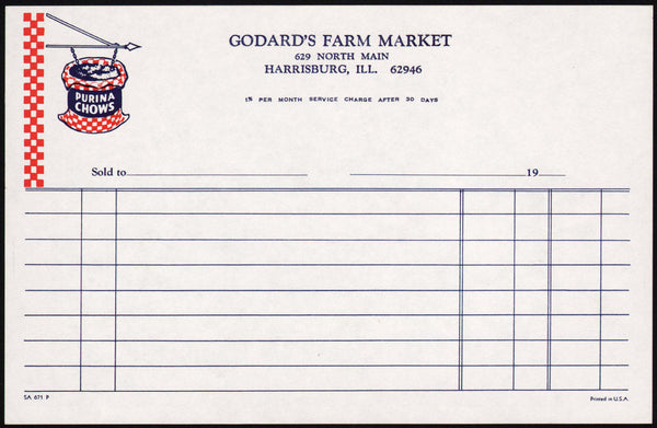 Vintage receipt GODARDS FARM MARKET Purina Chows sign pictured Harrisburg ILL