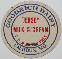Vintage milk bottle cap GOODRICH DAIRY Jersey Milk and Cream Calhoun Missouri