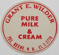 Vintage milk bottle cap GRANT E WILDER Keene New Hampshire unused new old stock