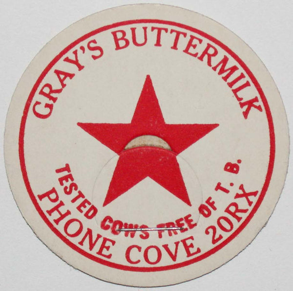 Vintage milk bottle cap GRAYS BUTTERMILK Phone Cove 20RX La Grande Oregon unused