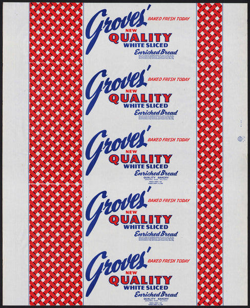 Vintage bread wrapper GROVES WHITE Quality Bakery dated 1952 Longview Washington