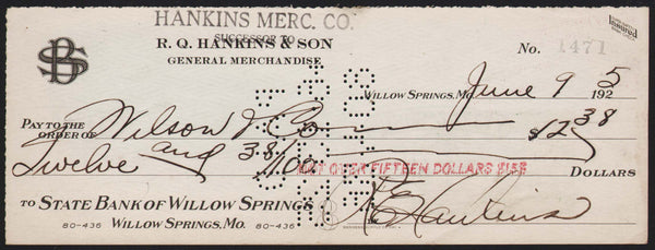 Vintage bank check HANKINS MERC CO Willow Springs Missouri dated 1925 excellent+