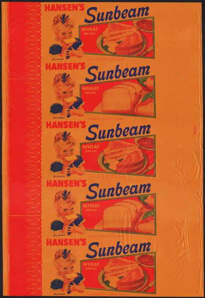 Vintage bread wrapper HANSENS SUNBEAM Miss Sunbeam girl Tacoma Washington unused