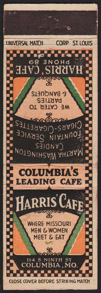 Vintage matchbook cover HARRIS CAFÉ Phone 89 Columbia Missouri early Universal Match