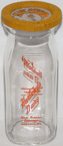 Vintage milk bottle HARTWAYS DAIRY Blue Boulder Guernseys half pt Park Falls Wisconsin