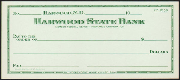 Vintage bank check HARWOOD STATE BANK Harwood North Dakota new old stock n-mint+