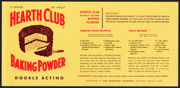 Vintage label HEARTH CLUB Baking Powder cake pictured Rumford Rhode Island n-mint