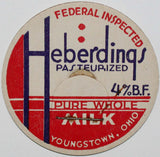 Vintage milk bottle cap HEBERDINGS Pure Whole Milk Youngstown Ohio new old stock