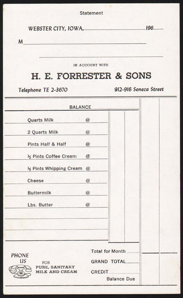 Vintage receipt H E FORRESTER and SONS milk Webster City Iowa new old stock n-mint