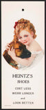 Vintage bookmark tag HEINTZS SHOES Victorian girl holding dog unused n-mint+