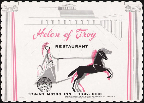 Vintage placemat HELEN OF TROY RESTAURANT chariot pictured Trojan Motor Inn Ohio