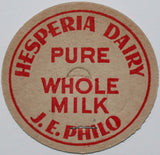Vintage milk bottle cap HESPERIA DAIRY Pure Whole Milk J E Philo Michigan unused