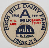 Vintage milk bottle cap HIGH HILL DAIRY FARM Jefferson City Missouri unused