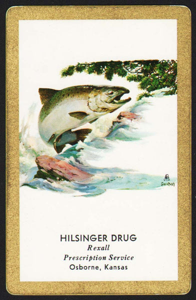 Vintage playing card HILSINGER DRUG Rexall Osborne Kansas trout picture by Sweeney