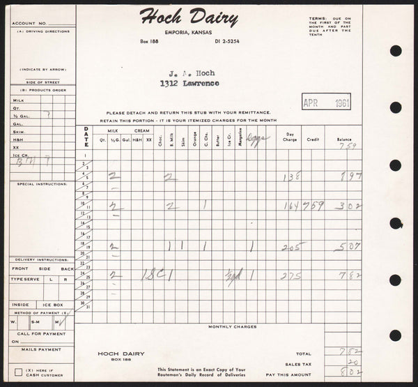 Vintage receipt HOCH DAIRY dated 1961 Emporia Kansas excellent++ used condition