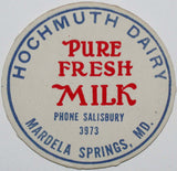 Vintage milk bottle cap HOCHMUTH DAIRY Phone Salisbury 3973 Mardela Springs MD