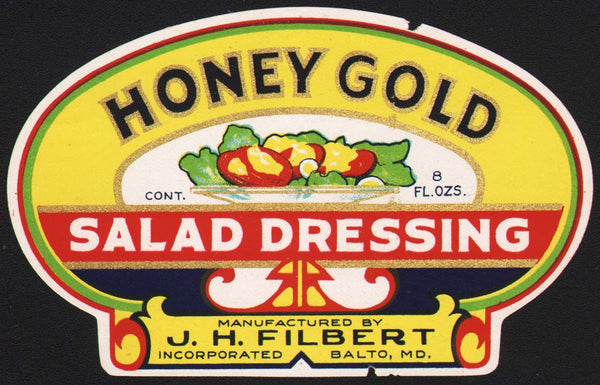 Vintage label HONEY GOLD Salad Dressing J H Filbert Baltimore Maryland unused