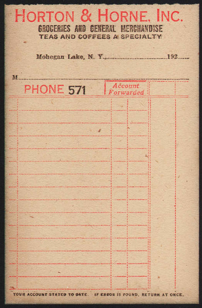 Vintage receipt HORTON and HORNE INC 1920s Phone 571 Mohegan Lake New York unused