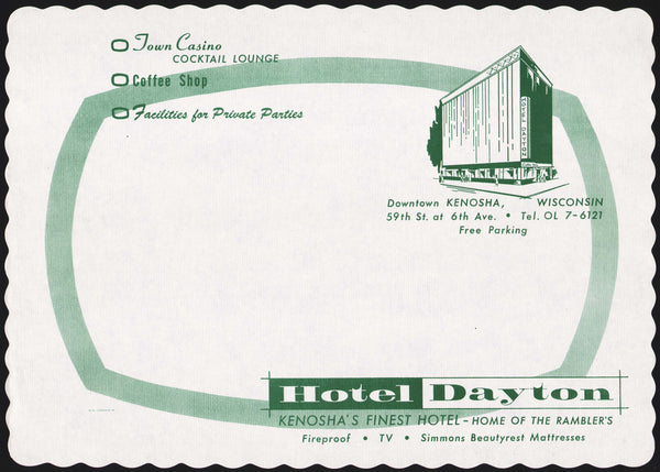 Vintage placemat HOTEL DAYTON old hotel pictured Town Casino Kenosha Wisconsin