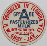 Vintage milk bottle cap H W GRAY Produced in Florida Phone 2-3495 Jacksonville