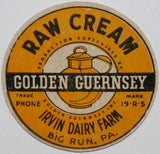Vintage milk bottle cap IRVIN DAIRY FARM Golden Guernsey Big Run Pennsylvania