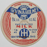 Vintage milk bottle cap IRVIN and HOLMES JERSEY DAIRY Blue Seal Gratiot Ohio