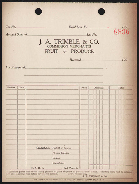 Vintage receipt J A TRIMBLE CO Fruit Produce 1920s Bethelem Pennsylvania unused