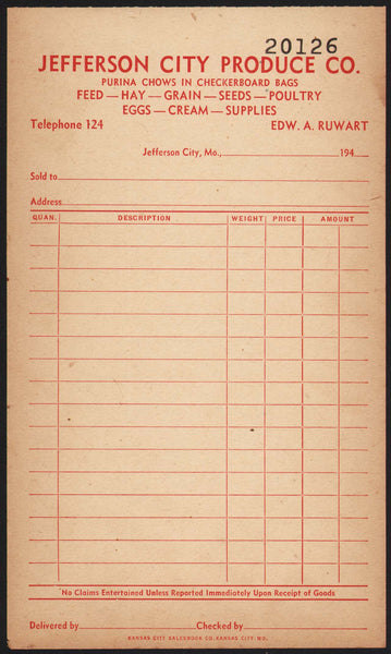 Vintage receipt JEFFERSON CITY PRODUCE Purina Chows Feed Ruwart 1940s Missouri