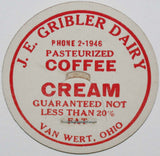 Vintage milk bottle cap J E GRIBLER DAIRY Coffee Cream Van Wert Ohio unused