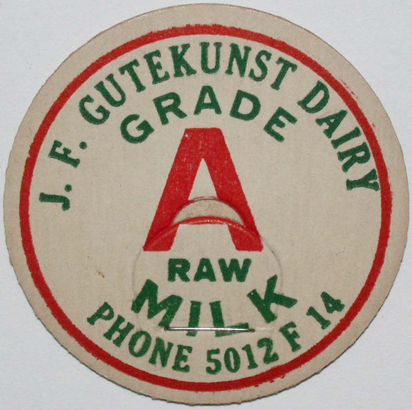 Vintage milk bottle cap J F GUTEKUNST DAIRY Raw Milk Moberly Missouri unused